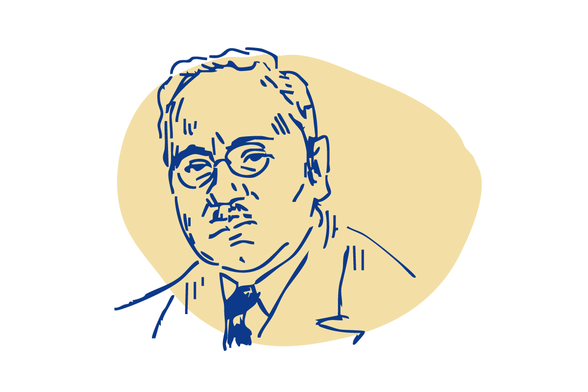 Illustration of Alfred Adler on a yellow shape background