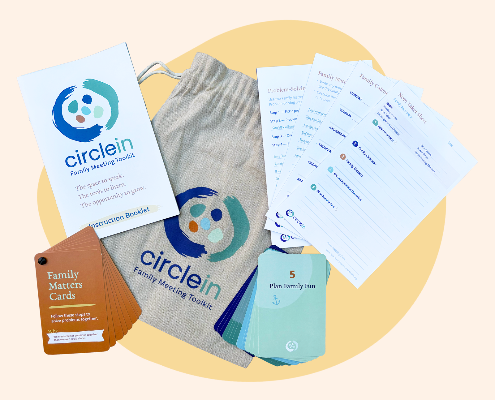 Circle In family meeting toolkit with notepads, booklet, cards, and a bag on a yellow shape background