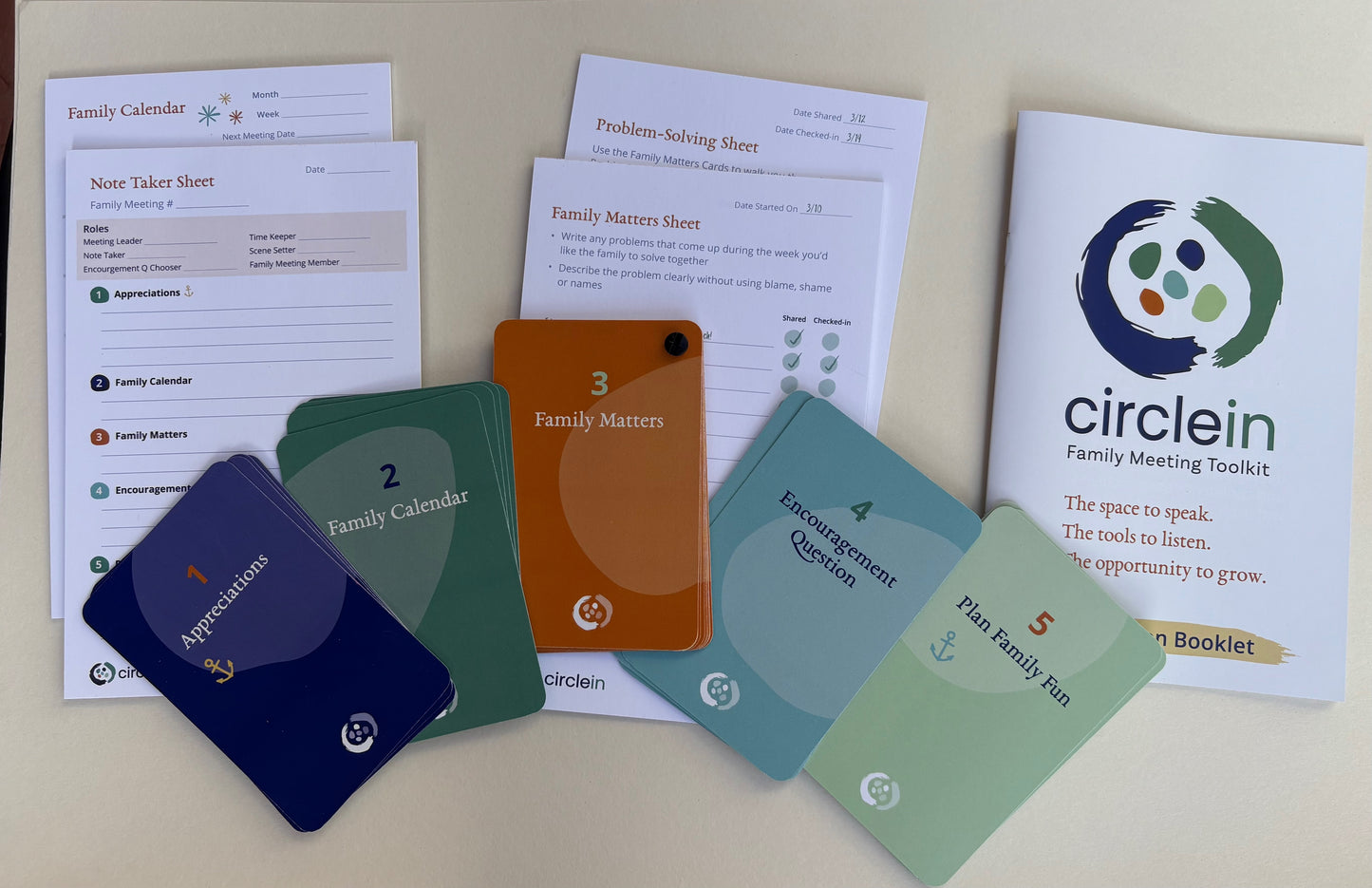 Circle In Family Meeting Toolkit items: Instructional Booklet, four notepads (Family Calendar, Note Taker, Problem-Solving and Family Matters) and five sets of colorful cards in stacks on top. All on beige background.