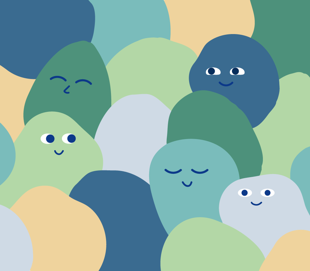 Illustration showing a crowd of shapes, a few showing cute and happy faces