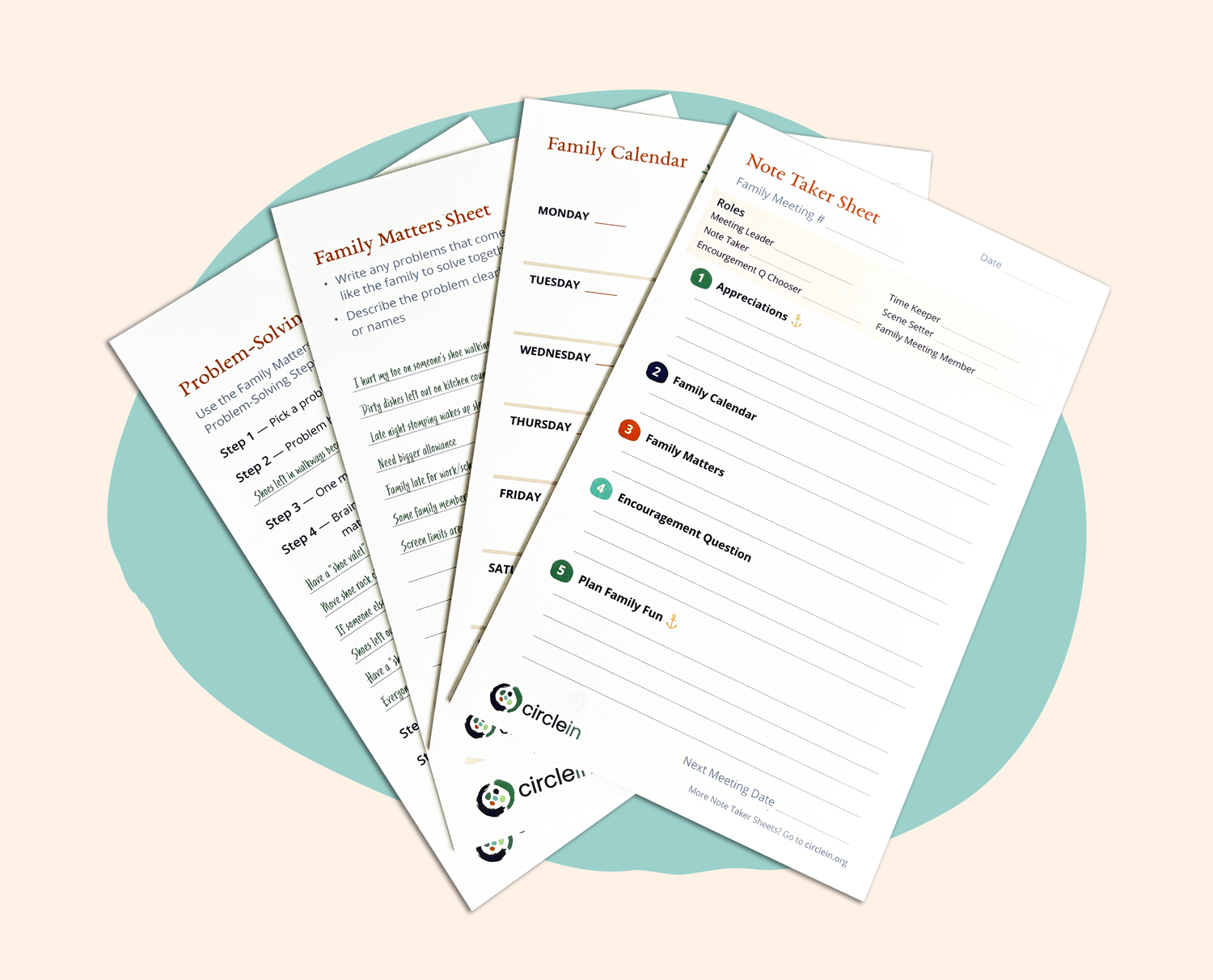 Array of the four notepads that are used in the Circle In family meeting toolkit